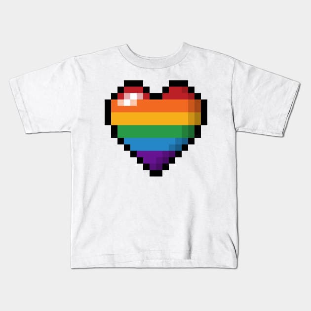 Large Pixel Heart Design in LGBTQ Rainbow Pride Flag Colors Kids T-Shirt by LiveLoudGraphics